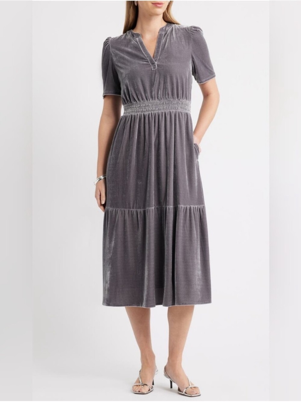 Caslon Grey Stretch Plush Velour Smocked Waist Fully Lined Midi Dress XXL